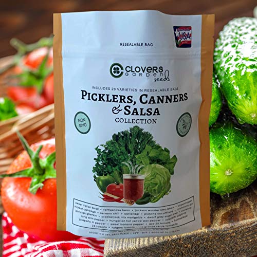 Clovers Garden Picklers, Canners & Salsa Seed Kit â€“ 20 Varieties, 100% Non GMO Open Pollinated Heirloom Vegetable, Herb Seed Vault for Planting â€“ USA Grown Hand Packed for Home or Survival Garden