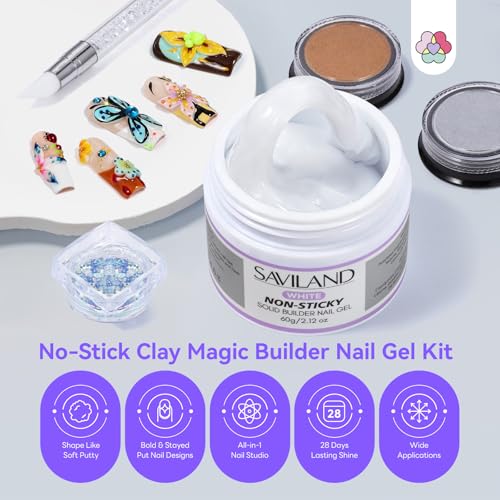 Image of SAVILAND White Solid Builder Nail Gel Kit: Non-Sticky 60 g Sculpture Gel for Nail Art with Chrome Powder Sequins Sculpture Pen Non-Wipe Extensions 3D Nails Art Designs DIY Home