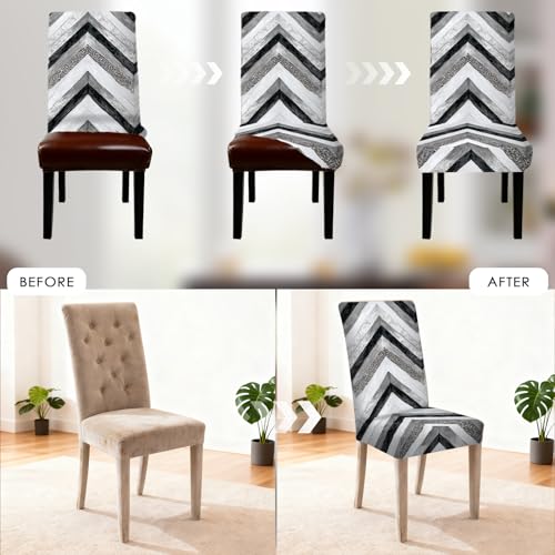 Image of Nuxovilar 4PCS Black White Chevron Geometric Stretch Chair Covers | Stretch Slipcover Modern Protector Chevron Wrap Seat Guard Dining Room Living Cafe Space (Chevron Pattern)