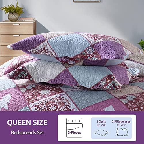 Qucover Quilted Bedspread King Size Microfiber 3-Piece Reversible Purple Flower and Tree Pattern Bedspreads Quilted Throw, Beautiful Coverlets Sets with 2 Pillowcases