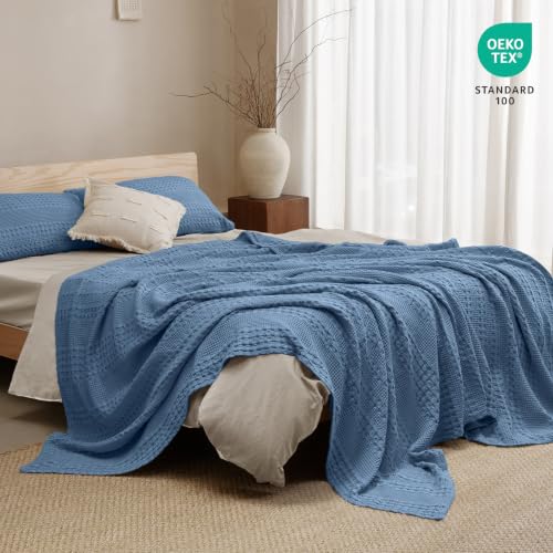 Image of PHF 100% Cotton Waffle Blanket Twin Size for College Dorm, Lightweight Breathable and Soft for Summer, Luxury Aesthetic Waffle Weave Blanket for Bed & Gifts for Women, 66 inchx90 inch, Denim Blue
