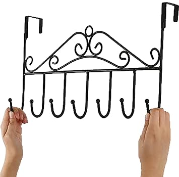 Over The Door Hanger with 7 Hooks for Clothes, Purses, Towel, Scarf, Belt, Hat, etc. Metal Hanging Rack Organizer NO Hole Drilling Require Door Hanger, Black