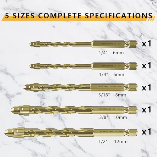MORETOPGOOD Masonry Drill Bit Set for Ceramic Tile, Concrete Drill Bit with Tungsten Carbide Tip for Marble, Cinder Block, Glass, Brick, Metal, Cement, Concrete, Plastic, Wood, Granite and Wall,5PCS