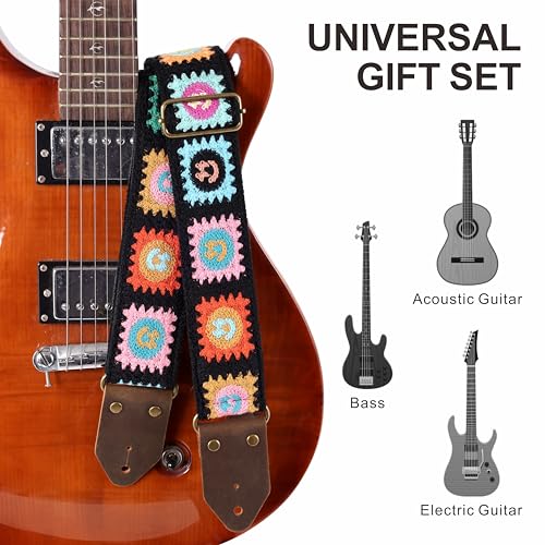 Image of Nefelibata Guitar Strap,Jacquard Embroidery Cotton Guitar Straps with Crazy Horse Leather Ends for Bass, Electric & Acoustic, Best Gifts for Kids, Guitarists(Smiling Black Embroidery)