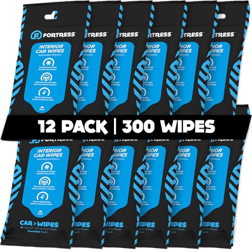 Fortress Car Interior Wipes (25 ct, Pack of 12) for Car Interior Cleaning, Dashboard, Seats, Detailing, and Steering Wheel [Travel Size] Skin-Safe Car Interior Cleaner Supplies