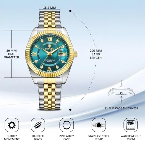 Image of Longbo Trident 83831 Analog Watch with Studded Dial Accents, Stainless Steel Bracelet, Luminous Hands & Date Display | Men | Office, Business, Formal & Gifting