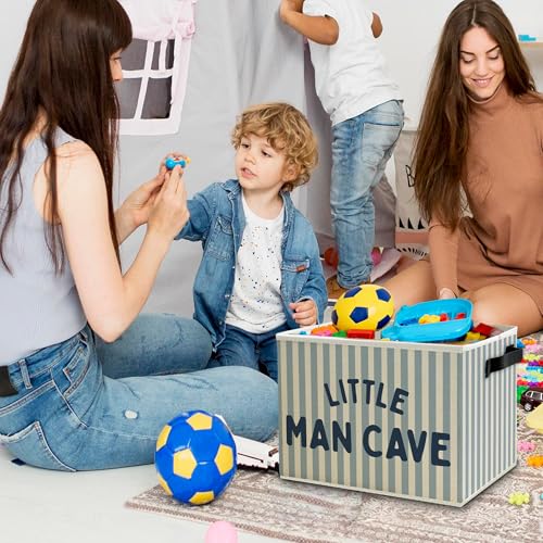 Image of Little Man Cave Boys Storage Bins Box with Handles, Olive Blue Stripe Boho Collapsible Basket Organizer for Kids Boys Playroom Nursery Room Bedroom Bathroom Books Clothes