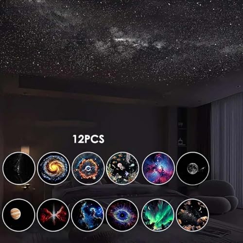 2-in-1 Starry Night Light Projector, 360° Adjustable LED Space Milky Way Lamp, Sternenhimmel Projektor mit Film-Discs, LED Projektor Sternenhimmel Nachttischlampe Planetarium Nachtlicht Kinder (12Stk)