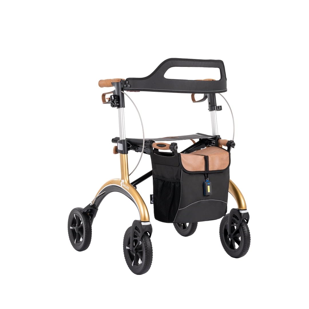 Saljol Andador de carbono ligero de 5,6 kg con asiento, bolsa, plegable, para exteriores, altura del asiento 54 cm, color dorado