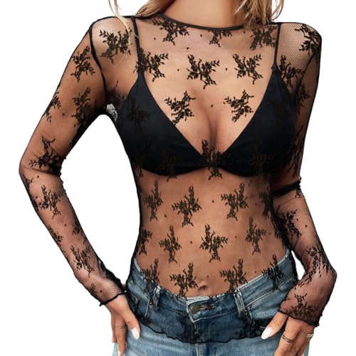 Mesh Long Sleeve Top Women Sexy Lace Sheer Shirts Party See Through Blouses