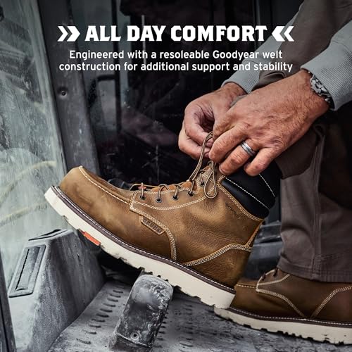 BRUNT Marin Welted (Comp Toe) - Men’s Size 8, Dark Tan - 8' Waterproof Safety Toe Wedge Work Boot - Goodyear Welt Construction - EH & ESR Rated - Oil & Slip Resistant - Adjustable Width System
