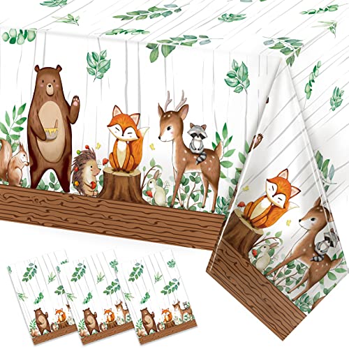 Image of TREWAVE Woodland Animals Plastic Tablecloth Forest Wild Creatures Baby Shower Table Covers for Boy Girl Birthday Table Decoration Neutral Gender Reveal Decor Friendship Themed Party Supply 54 inch x 108 inch