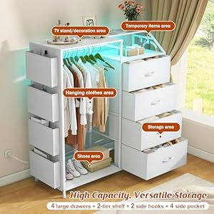 Dresser with Charging Station & LED Lights, Dresser for Bedroom with 4 Drawers, Fabric Chest of Drawers with Clothes Rack, Storage Drawer for Bedroom, Living Room, Entryway, White Dresser with Charging Station LED Lights Dresser for Bedroom with 4 Drawers Fabric Chest of Drawers with Clothes Rack Storage Drawer for Bedroom Living Room Entryway White