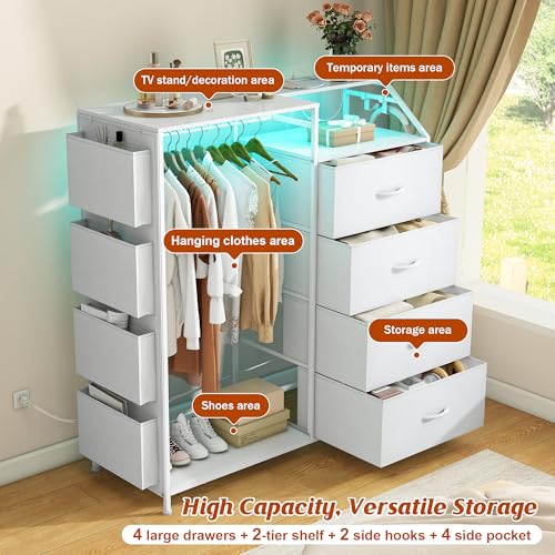 Dresser-with-Charging-Station-LED-Lights-Dresser-for-Bedroom-with-4-Drawers-Fabric-Chest-of-Drawers-with-Clothes-Rack-Storage-Drawer-for-Bedroom-Living-Room-Entryway-White Dresser with Charging Station LED Lights Dresser for Bedroom with 4 Drawers Fabric Chest of Drawers with Clothes Rack Storage Drawer for Bedroom Living Room Entryway White
