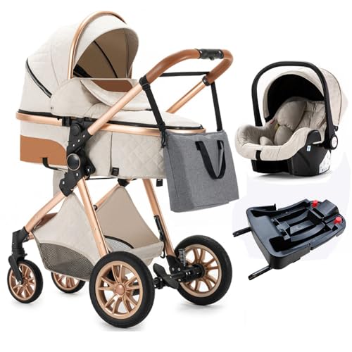 Image of Zkiprm Baby Stroller, Portable Infant Stroller, One-Click Folding, Combination Stroller High Landscape Reversible Foldable Stroller Newborn Pram Aluminum Frame (Off White)