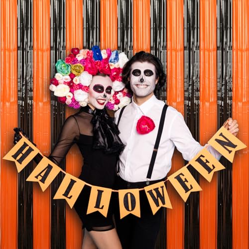 Image of Accevo Black Orange Party Streamers 3Pack 3.2ft x 8.2ft Tinsel Black Orange Streamers Party Decorations Door Decorations Foil Fringe Curtain Halloween Christmas Party Decorations Orange Party Decor