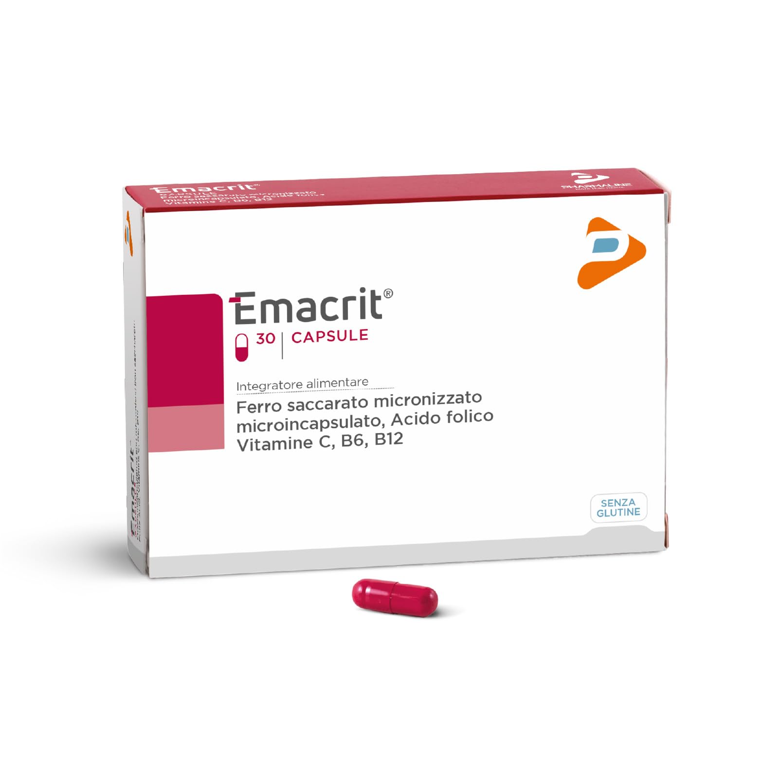 Pharma Line EMACRIT Capsule – Integratore Alimentare di Ferro con Acido Folico, Vitamine C, B6 e B12 ad Alta Assimilabilità, 30 Capsule