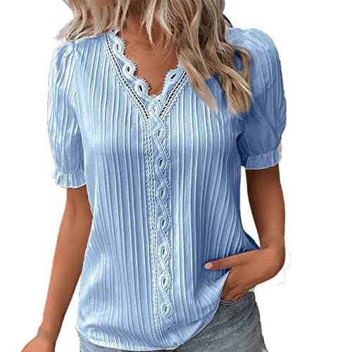 KOG Bluse Damen Elegant Kurzarm Shirt Baumwolle Einfarbige Tshirts Elegante Oberteil Teenager Mädchen Freizeit Blusenshirt Frau Elegant T-Shirts Himmelblau 4XL
