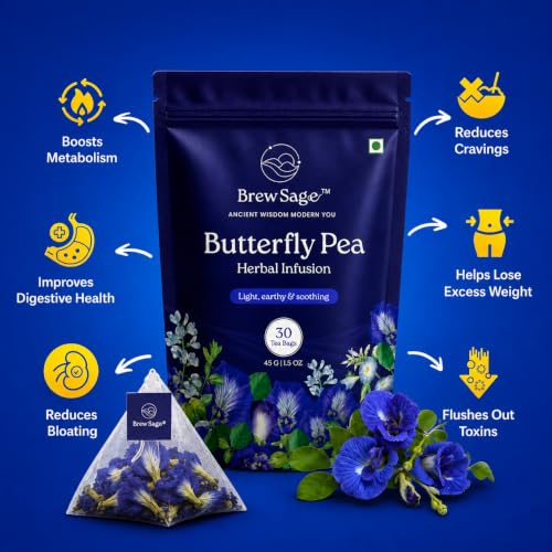 Image of BREW SAGE Butterfly Blue Pea Flower Tea Bags | SUPPORTS BELLY FAT LOSS, Mental Focus & Detox | Aparajita & Shankhpushpi Herbal Tea | Antioxidant Rich, Naturally Caffeine Free | 30 Tea Bags (Butterfly Blue Pea)
