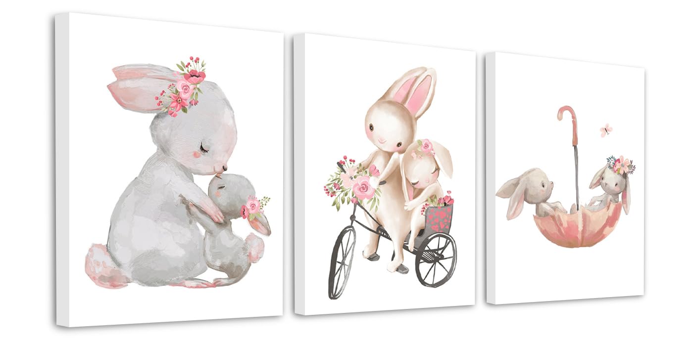 Zamety 3er Set Bilder Kinderzimmer Mädchen, Hase Poster Kinderzimmer, Leinwand Bilder Babyzimmer mit Rahmen, Kinderbilder für Schlafzimmer Wanddeko Wohnzimmer, 21 x 30 cm