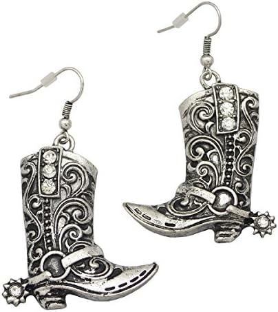 Vintage Silver Western West Cowgirl Texas Boots Spur Dangle Drop Earrings Rodeo Boho Fancy Dress Costume