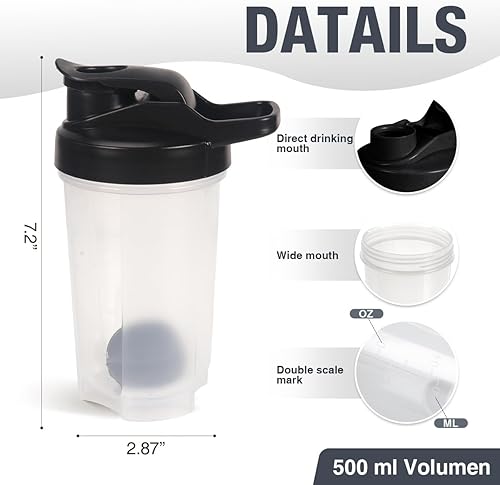 Miniatura 2 de D.Y.A Botella agitadora de 16 onzas, a prueba de fugas, para batidos de proteínas, botella agitadora para preentrenamiento y viajes, sin BPA y fácil