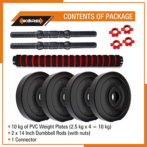 Image of Kore 3 in 1 Convertible 10 Kg PVC Adjustable Dumbbells Set - Black
