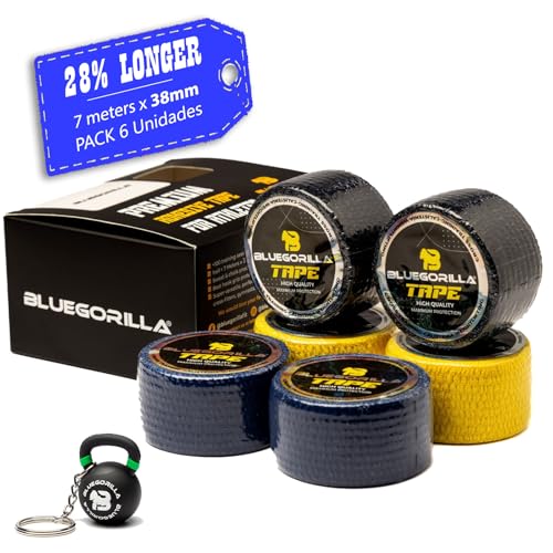BLUEGORILLA Tape Crosstraining 7mtr. x 38mm. con adhesivo - Esparadrapo Deportivo para dedos, weightlifting - - Pack 6 y 12 - Llavero en 6 Pack.