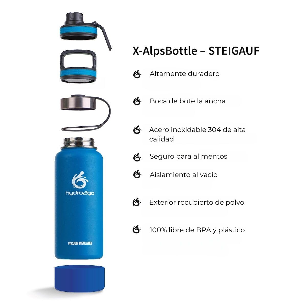 hydro2go® botella de bebida de acero inoxidable X-AlpsBotella - 1000ml / 1l | botella termo aislada al vacío + 3 tapones para beber | Matraz a prueba de fugas | botella para deportes al aire libre de doble pared | Termo
