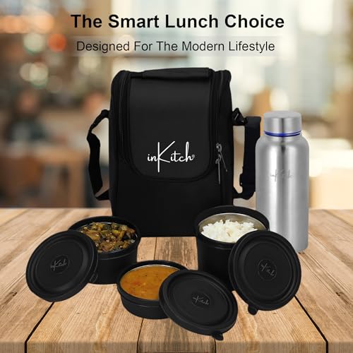 Image of Microwave Safe Lunch Box Set with Bag | 3 Stainless Steel Inner Containers & 1 Steel Bottle | Leakproof Tiffin Box for Office, School, College | Durable, Easy to Carry, Black