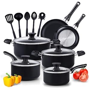 Cook N Home Basics Pots and Pans Cooking, 15-Piece Nonstick Cookware Set, Black
