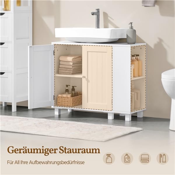 Yaheetech Waschbeckenunterschrank, Unterschrank, Badezimmerschrank mit 2 Türen, rechts oder Links austauschbar, Badschrank, höhenverstellbare Ablage, Weiß, 75x30x62 cm