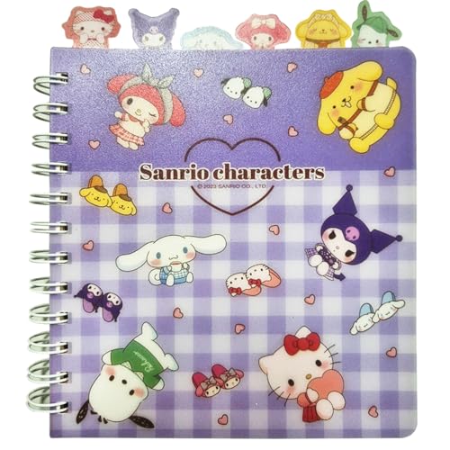 Cuaderno de pestañas de 6 secciones con personajes y hojas de cuadro morado