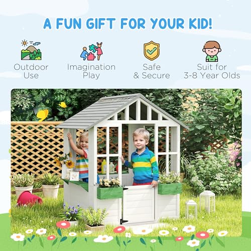 image for Outsunny Kids Wooden Playhouse, Outdoor Garden Games Cottage, with Wor
