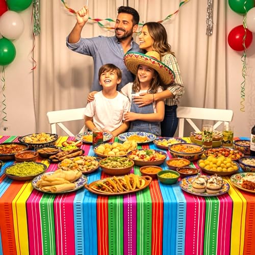 Image of Hahafelt 6 Pcs Mexican Fiesta Plastic Tablecloth 84 Inch Cinco De Mayo Round Disposable Table Cover Colorful Stripe Serape Circular Table Cloth for Mexican Carnival Taco Night Loteria Party Decor