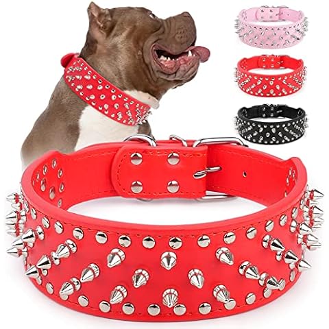 Epesiri Adjustable Wide Spiked Dog Collar, Mushroom Rivet PU Leather Cat Dog Collars, Durable Spike Studded Pet Collar for Small Medium Large Breed, Pitbull Mastiff Bulldog Pugs Husky Rottweiler, Red Cover