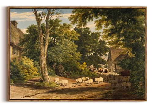 OIQArtOIQ Vintage Framed Wall Art Rural Farm Scene Canvas Art