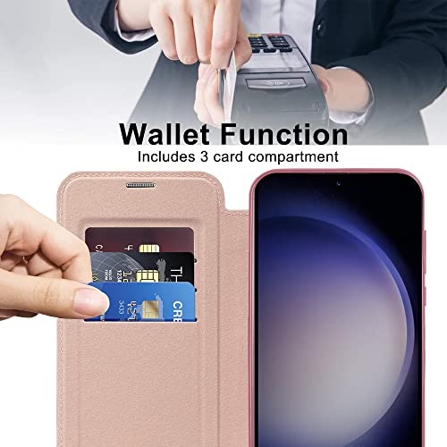 QIWEIQING Magnetic Case for Samsung Galaxy S23 Compatible with MagSafe, PU Leather Wallet Cover with RFID Blocking Credit Card Holder Transparent Case for Samsung Galaxy S23. Rose Gold JDC