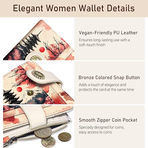Image of Kelvoris Japanese Sunset Goth Small Rfid Women Wallet Zipper Coin Pocket | Bifold PU Leather Compact Cash Credit Card Holder, Travel Purse for Female Ladies Teen Girls, 1 ID Window 10 Card Slots