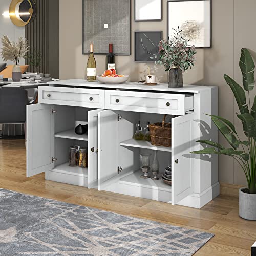 60'' Storage Cabinet Buffet Sideboard With 2 Drawers & 4 Doors, Wood Large Cabinet Console Table Entryway Cupboard With Adjustable Shelves For Kitchen Dining Room Living Room (Antique White-60'') #TOP3