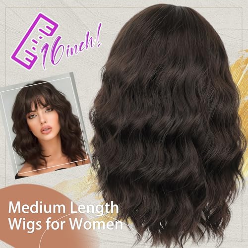 Image of Nnzes Short Wavy Bob Wig with Bangs for Women Shoulder Length Curly Soft Brown Synthetic Heat-Resistant Fiber Hair for Daily & Party Use