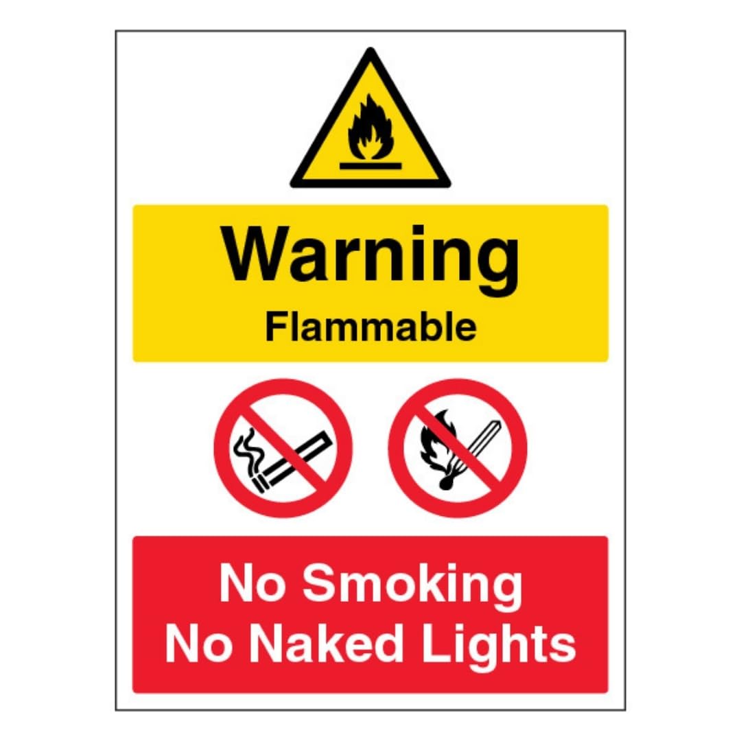 V Safety Warning Flammable/No Smoking/No Naked Lights - Portrait 200 x 300mm - 1mm Rigid Plastic Safety Sign