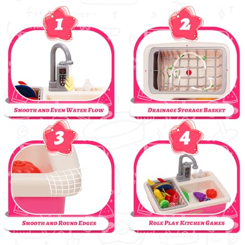 Küchenspüle Spielzeug Set mit Wasserkreislauf, Spielspüle Kinder mit Fließendem Wasser, Matschküche Kinderküche Zubehör, Obst und Gemüse Spielzeug, Rollenspiel für Jungen und Mädchen ab 3 Jahre (Rosa)