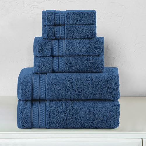 Image of Elegant Comfort Luxury 6-Piece Towel Set, Premium Soft 100% Turkish Cotton, Three Line Popcorn Design 2 Bath Towels, 2 Hand Towels and 2 Washcloths Towel Set - Quick-Drying and Absorbent, Navy Blue