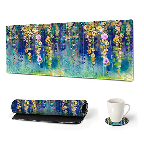 ARTSO Large Gaming Mouse Pad Extended Desk Pad XL Keyboard Mat Long Mousepad Decor Writing Pad 31.5x11.8inch Non Slip Rubber Base with Stitched Edges for Work, Game -Oil Painting Flowers