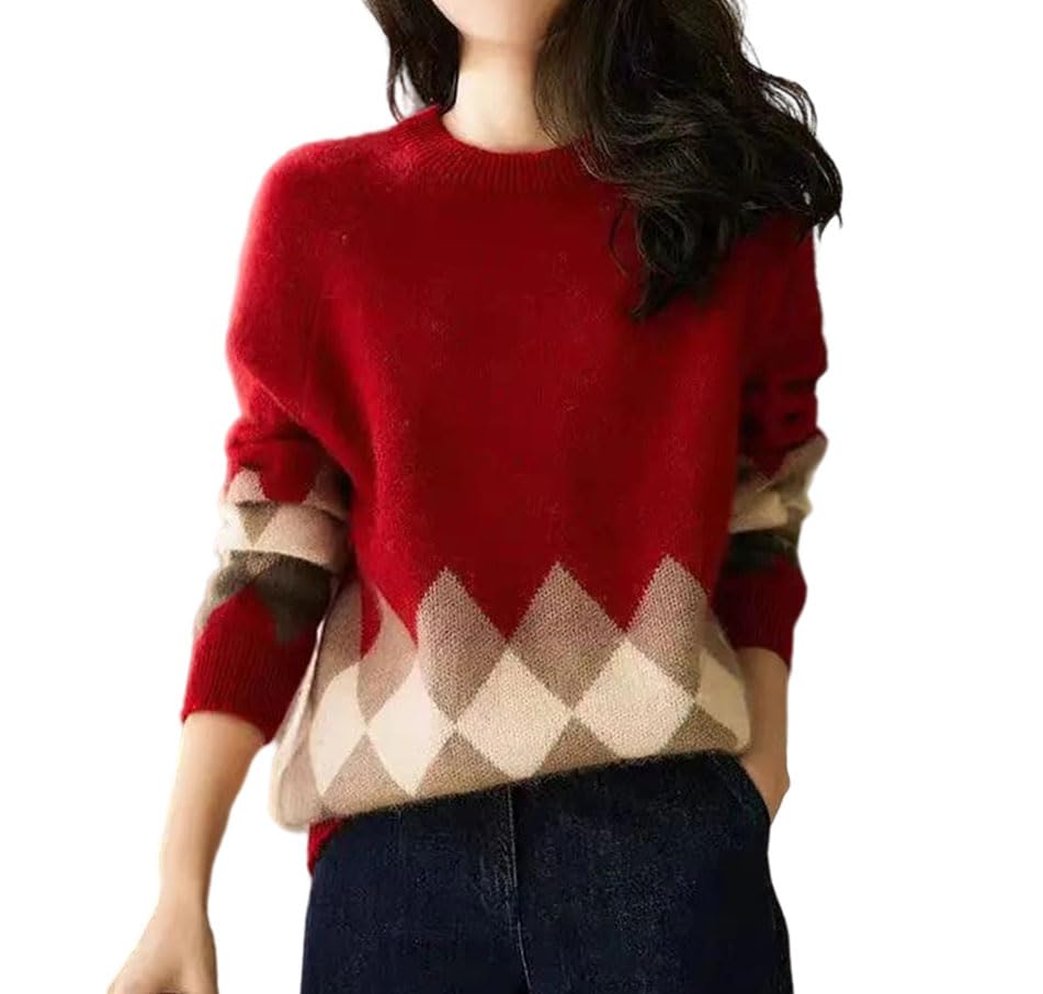 Womens Cashmere Sweater Round Neck Loose Fit Rhombic Pattern Style Color Warm Pullover Sweater
