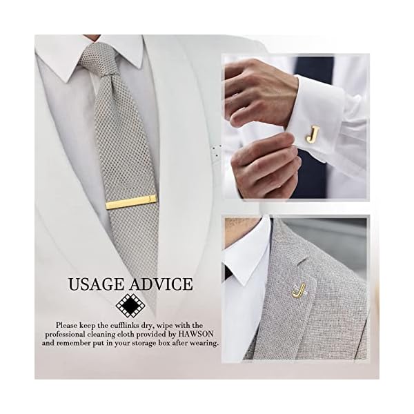 HAWSON Cufflinks for Men, Tie Clips for Boys, Tie Pin for Men, Gold Color Jewelry Set, Boxed Gift Packing, Initial Letter Jewelry for Him, metal, not known - Image 6