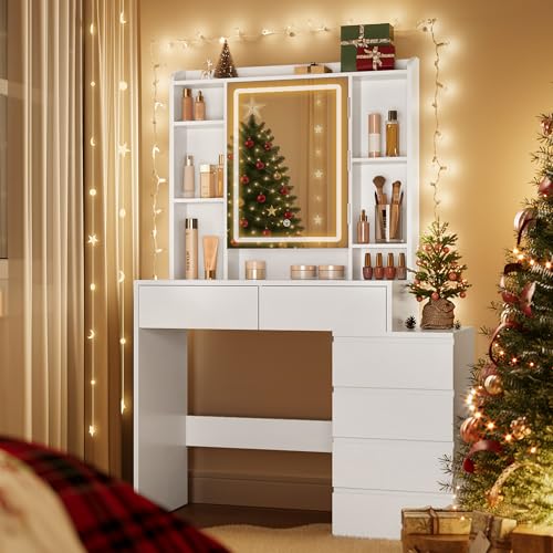 VASAGLE Kailyn Colección - Tocador con Luces LED de Brillo Ajustable, Mesa de Maquillaje con Espejo, 40 x 97,5 x 145 cm, Compartimentos Abiertos, Estantes Ajustable, Blanco Nube RDT124W01