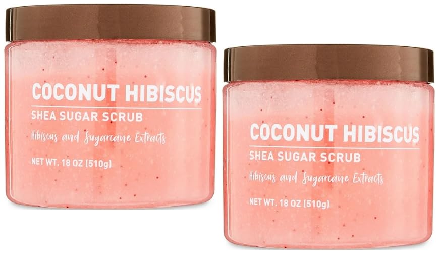 Shea Sugar Scrub, 18 oz ea. container, with, Ultra Hydrating and Exfoliating Scrub for Nourishing Essential Body Care + King Combo QR Code (Coconut Hibiscus (2 Count))