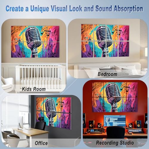8 Paneles Acústicos Artísticos Autoadhesivos Pack de 8 con Diseño Retro de Micrófono y Notas Musicales Coloridos para Oficina, Hogar y Estudio, 48"x32" miniatura 7